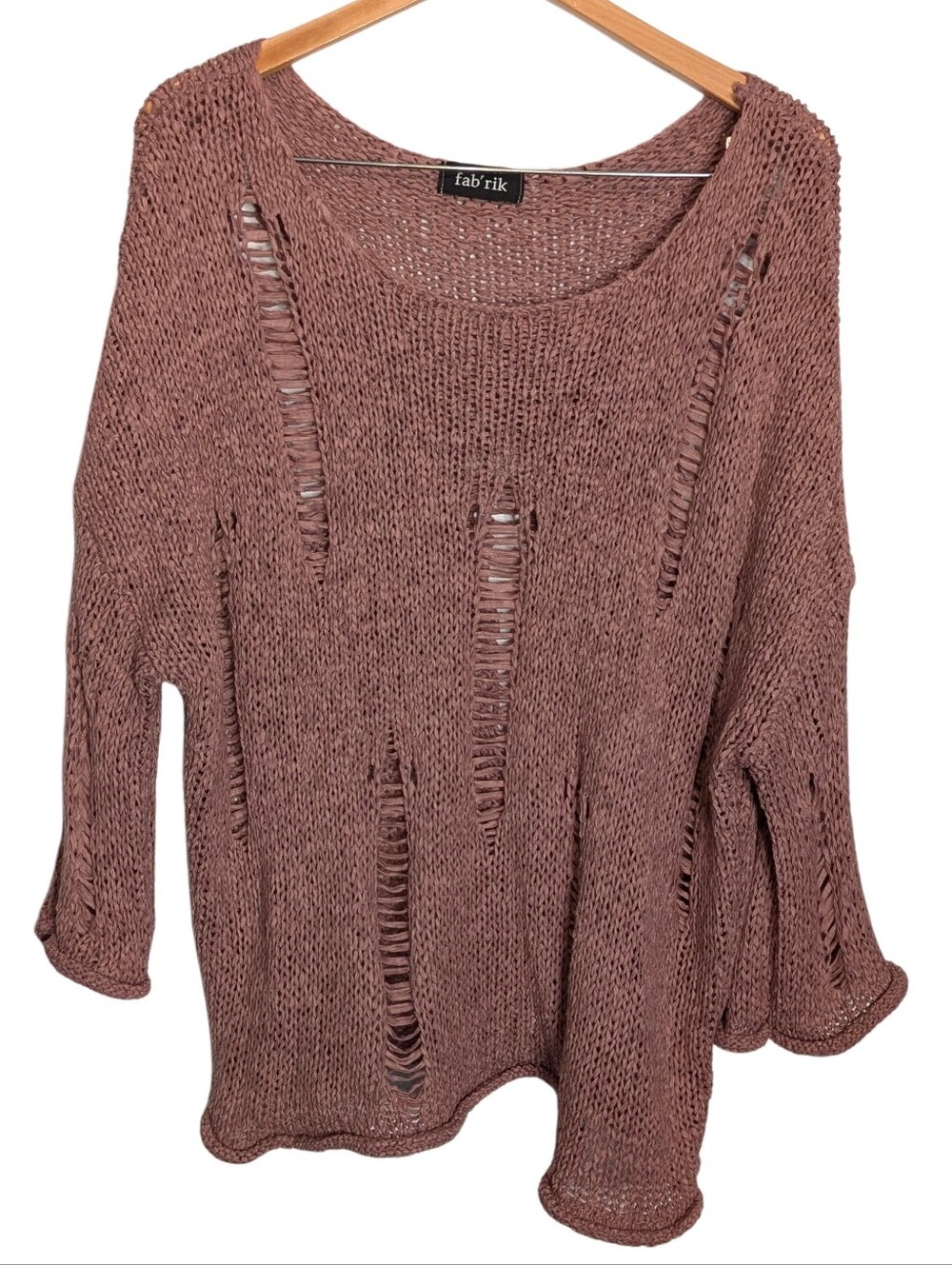 fab'rik Distressed Open-Knit Scoop Neck Sweater - Mauve. One Size